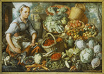 Obst- und Gemüsestillleben mit Marktfrau