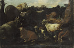 Rinder, Ziegen und ein Pferd mit Hirte bei Tivoli