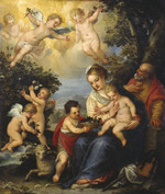 Die Heilige Familie mit Johannes dem Täufer und blumenspendenden Engeln